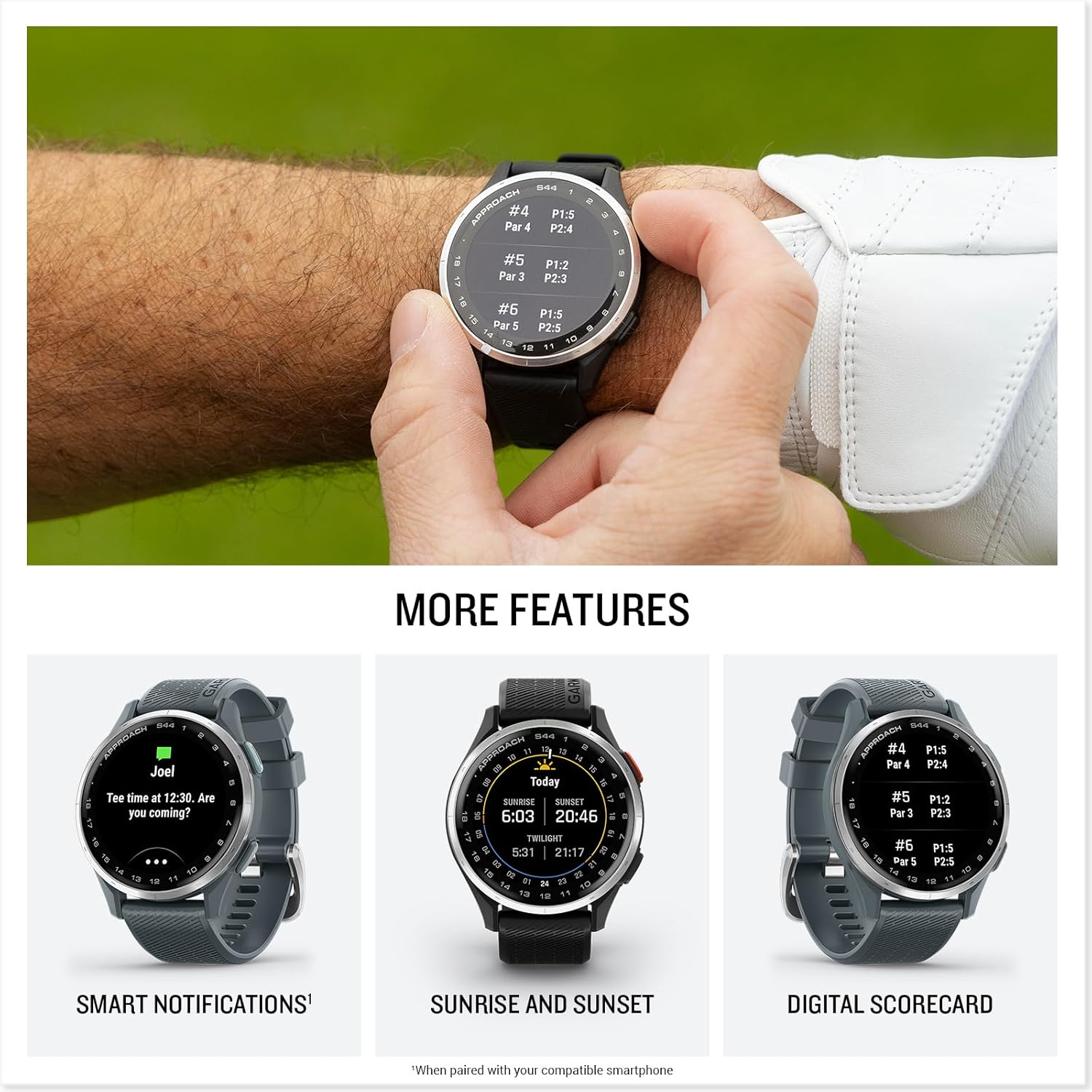 Garmin Approach S44 Essential Golf GPS Smartwatch Écran AMOLED Fonctionnalités sur Le Terrain Lunette en Aluminium argenté avec Bracelet en Silicone Noir