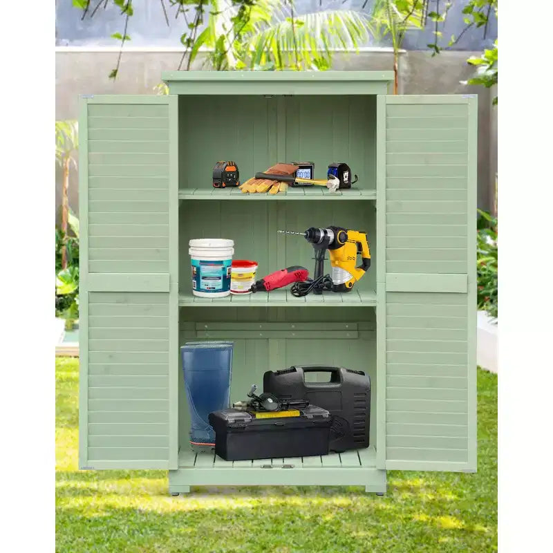63 Inch Weatherproof Outdoor Storage Shed,with Removable Shelves, Locks,Double Shuttered Doors,Tall Wooden Garden Tool Shed with Floor for Patio,Yard