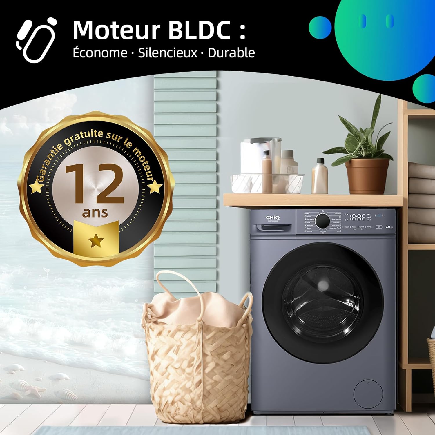 CHiQ CW07123863AX Lave linge hublot - 7kg, Classe énergétique A, Moteur BLDC 1200 RPM, Lavage vapeur & rapide, 15 programmes, Design compact (60x46.5x84cm) - Gris