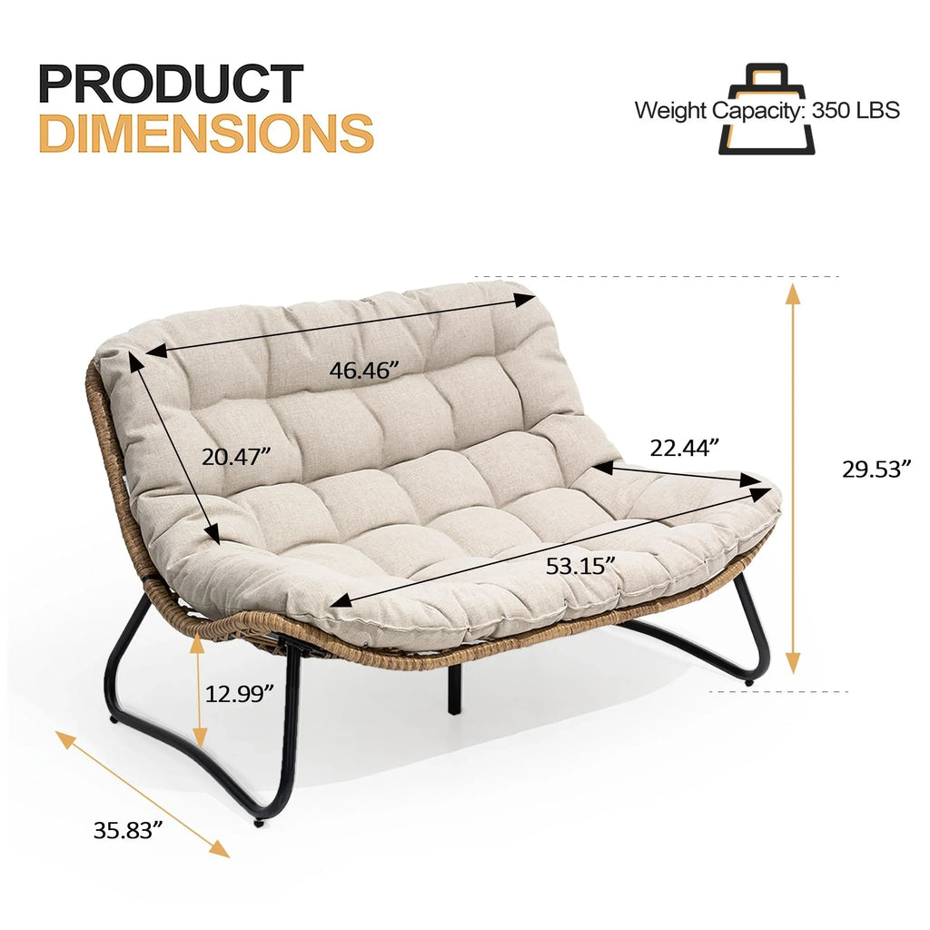 Double Papasan Chair Loveseat with Cushion, All-weather PE Rattan and Metal Frame for Indoor Outdoor
