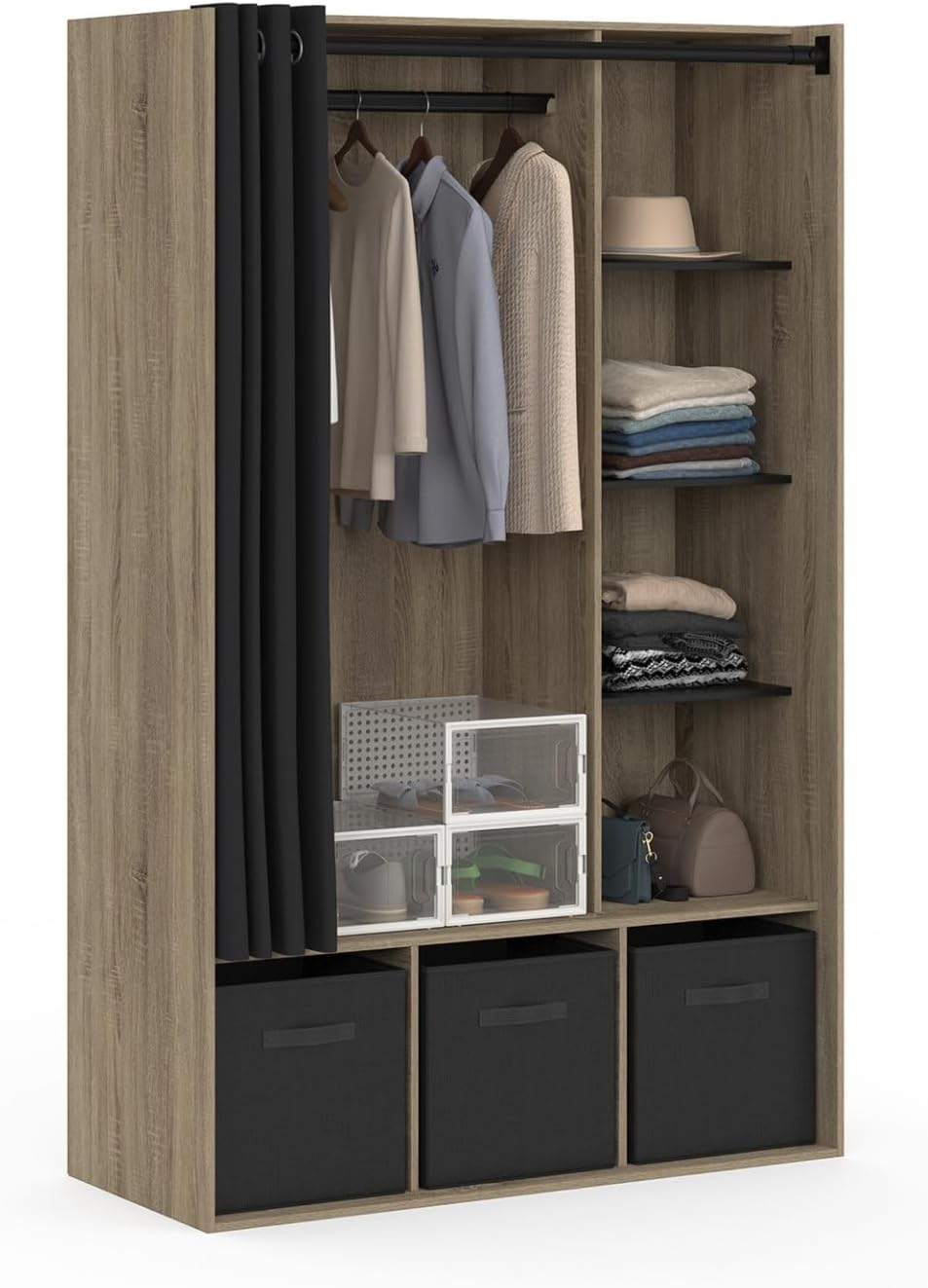 IDMarket - Dressing penderie Diane 105 x 50 x 172 cm hêtre avec étagères + boites de Rangement + Rideau Noir