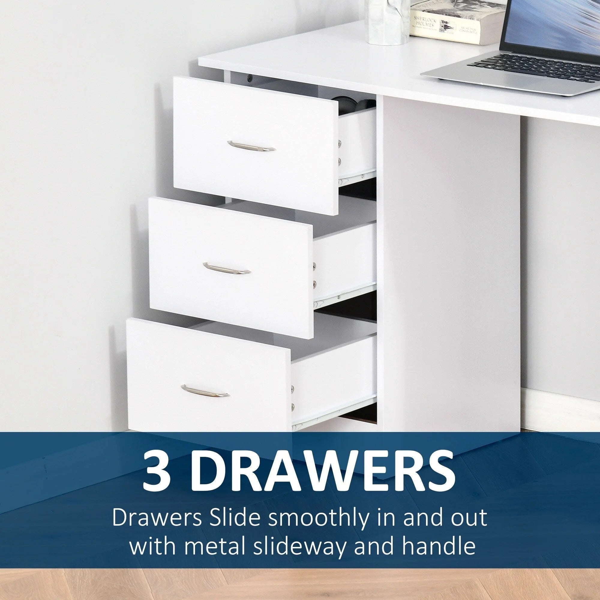 HOMCOM 47 Modern Home Office Computer Desk Bookcase Combo Writing Table Workstation with 3 Drawer and Storage Shelf - White