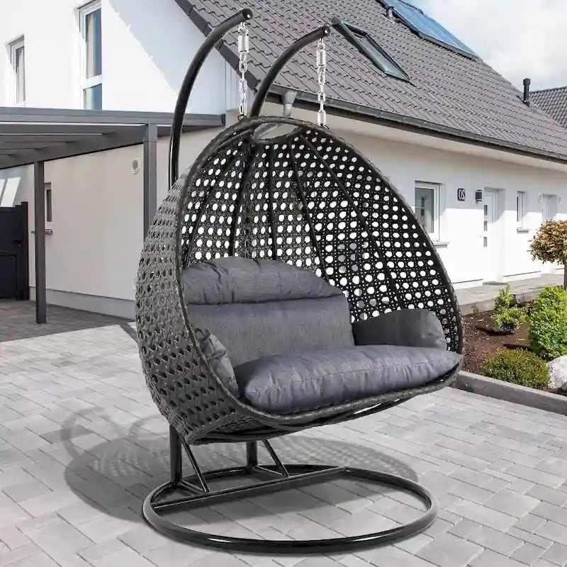 Egg-Shaped Hanging Swing Chair with Metal Stand, Wicker Frame & Cushion �C Beige / Charcoal Blue / White / Blue / Antique White / Brown / Canvas, Seats 2