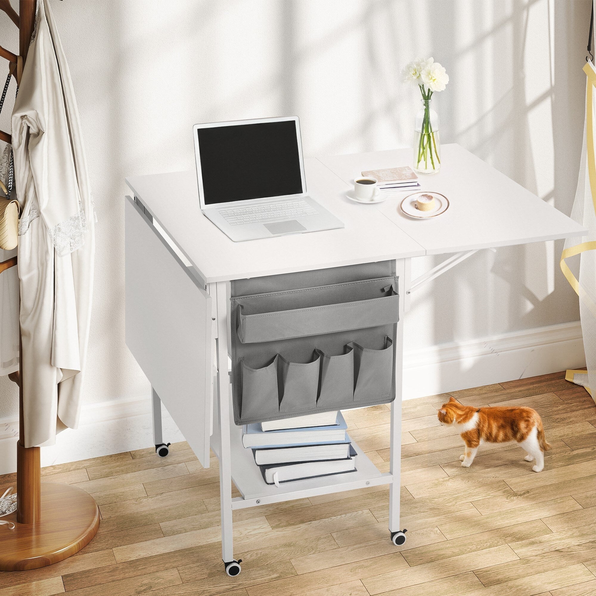 Height Adjustable Craft Table with Storage Shelves, Mobile Folding Cutting Table for Home Office Sewing Room Craft Room