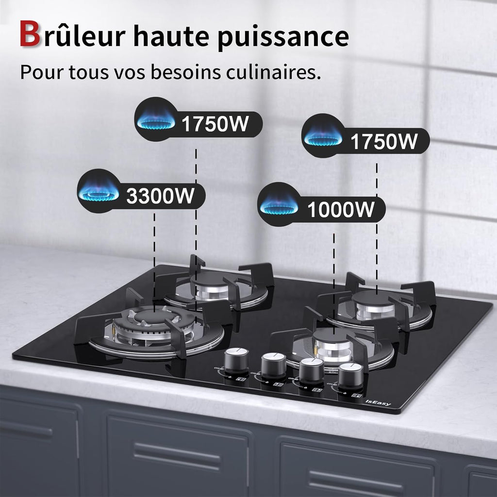 IsEasy Plaque Gaz 4 Feuxs Encastrable, Plaque de Cuisson Gaz 4 Feuxs Verre, Table Gazs 60cm, Gazs Bouteille et Ville, Avec buse NG/LPG