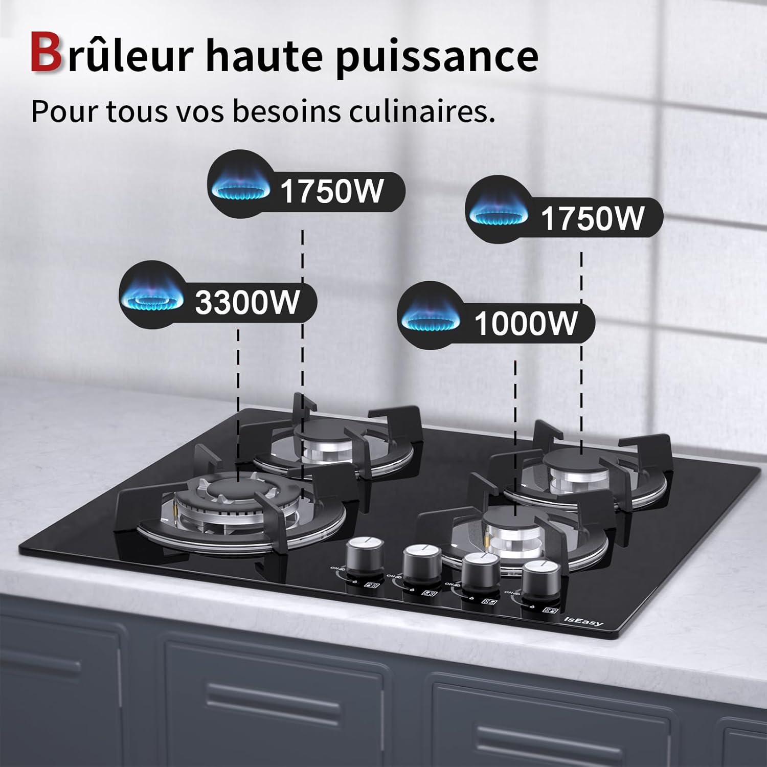 IsEasy Plaque Gaz 4 Feuxs Encastrable, Plaque de Cuisson Gaz 4 Feuxs Verre, Table Gazs 60cm, Gazs Bouteille et Ville, Avec buse NG/LPG