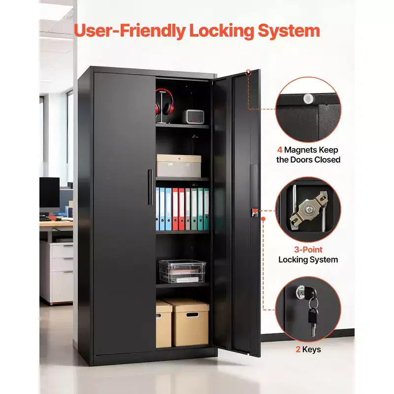 VEVOR Metal Storage Cabinet, 68.9 in Lockable Steel Garage Cabinet with 4 Adjustable Shelves, 2 Magnetic Doors, 2 Keys, 5 Tiers Tool Storage, Black