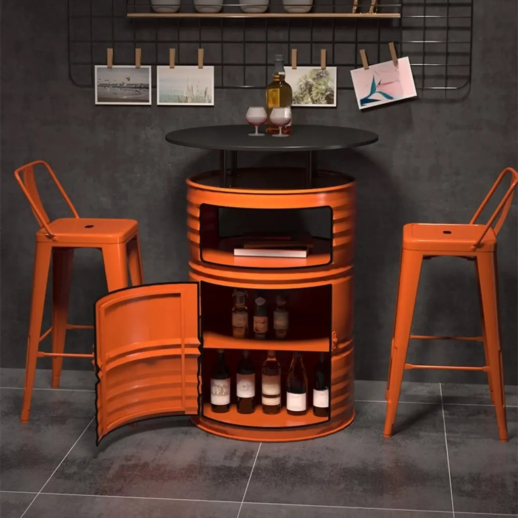 Industrial Black Orange Metal Drum Storage Bar Tables
