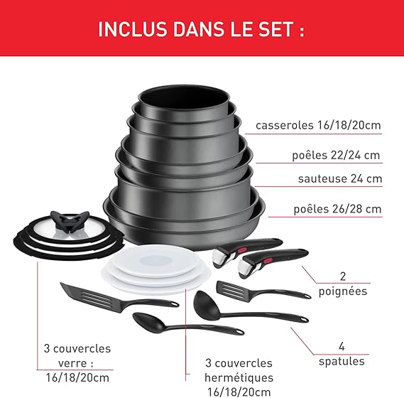 Tefal Ingenio Batterie de cuisine 20 p, Poêles, Casseroles, Induction, Revêtement antiadhésif résistant, Empilable, Compatible lave-vaisselle, Fabriqué en France, Daily Chef On L7619402