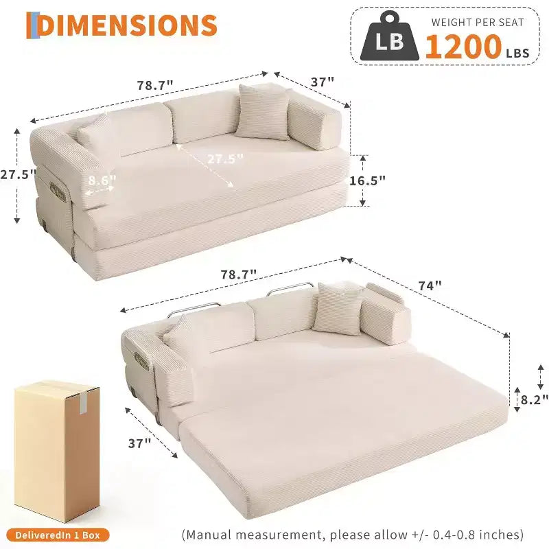 5-in-1 Convertible Sofa Bed, 78.8 Modular Corduroy Sleeper with Sturdy Frame, Multi-Functional Futon for Small Space, Living Room & Guest Room