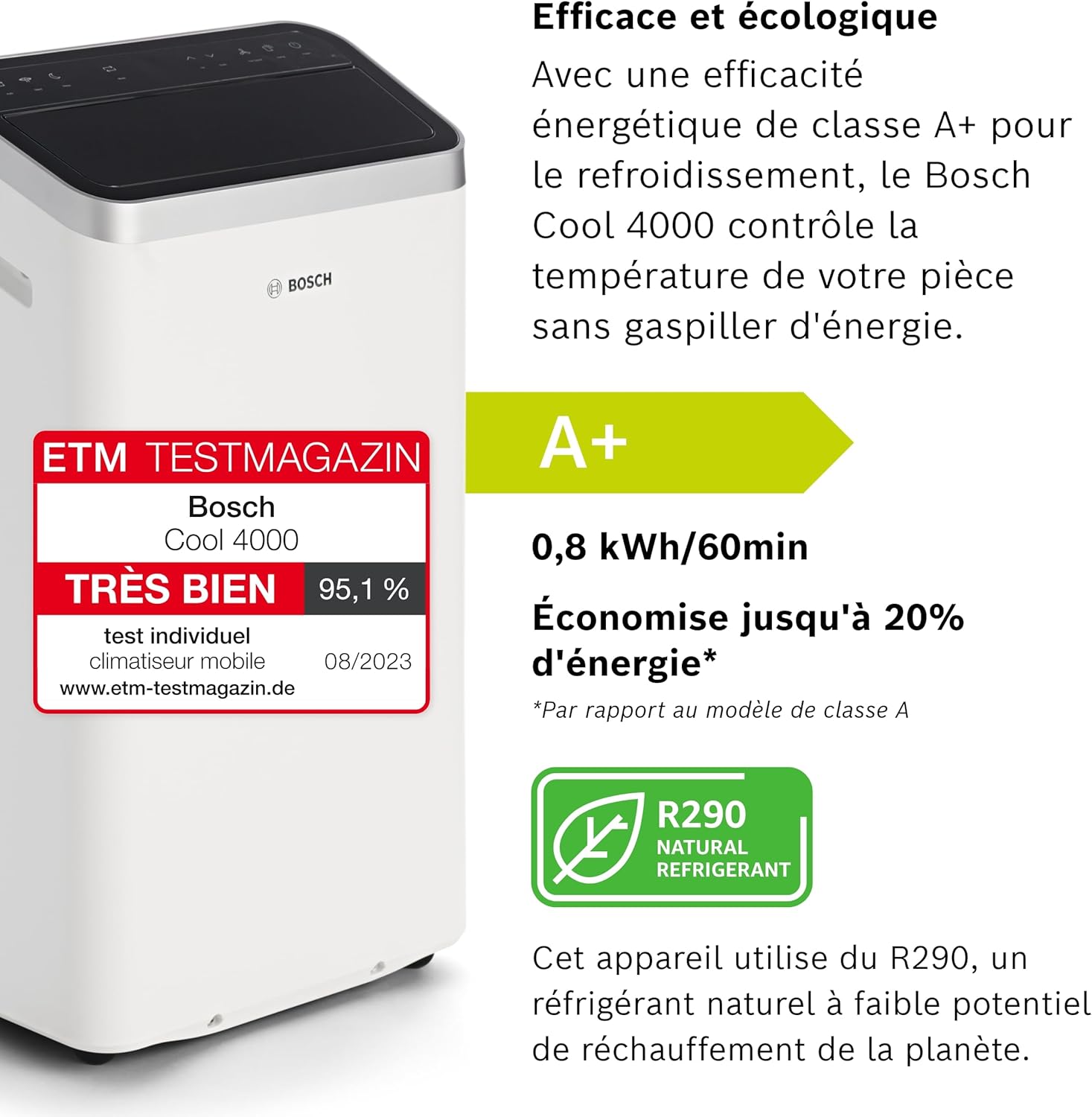 Bosch Cool 4000 Portable AC - 3 en 1 Climatiseur, Déshumidificateur, Ventilateur - 2,6 kW pour les pièces jusqu'à 35m² - Avec Mode Auto, Mode Silencieux et Mode Veille (48 db (A)) Classe A+]