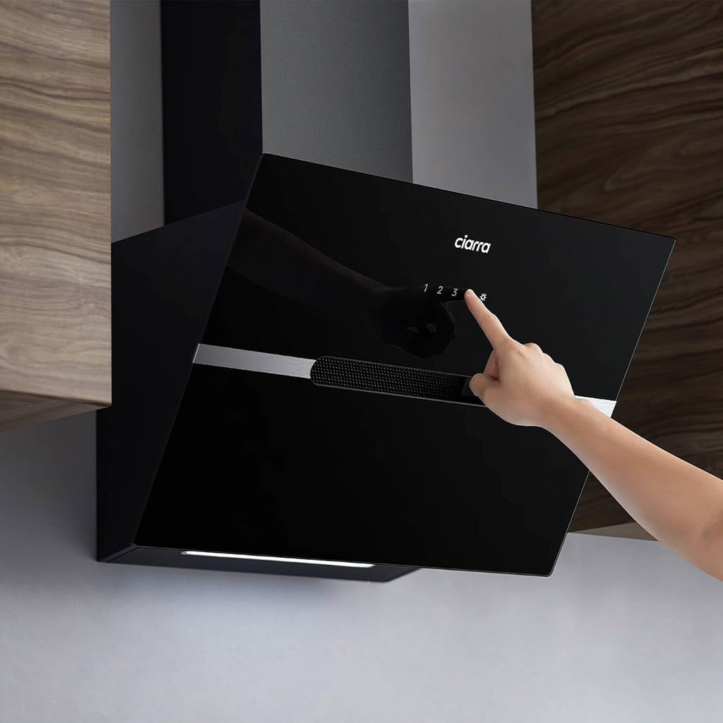 Ciarra CBCB6736F Classe A+++ Hotte Aspirante Inclinée 60cm - 650m³/h - Commande Tactile & Wi-Fi - Fonction Boost - Design en Verre Élégant - Noir