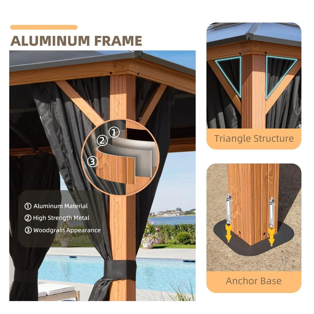 EROMMY Hardtop Gazebo,Outdoor Pergola with Double Roof & Netting & Curtains,Heavy Duty Canopy for Patio, Backyard, Pool party