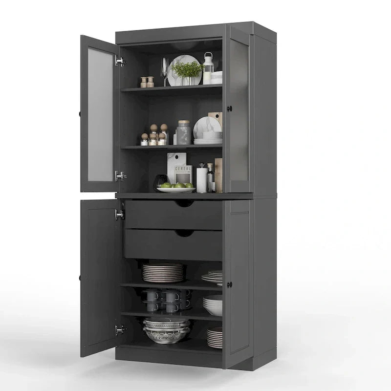 100% Solid Wood Pantry Cabinet with Frosted Glass Doors, Solid Doors, 2-Drawers and Adjustable Shelves
