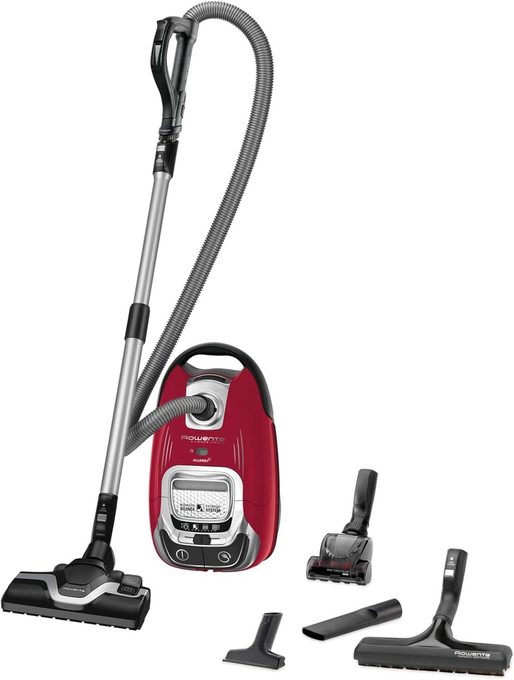 Rowenta Aspirateur avec sac, Silencieux, Performant, Basse consommation d’énergie, Haute filtration, Capacité 4,5 L, Accessoires poils d'animaux, Fabriqué en France, Silence Force, Rouge RO7473EA