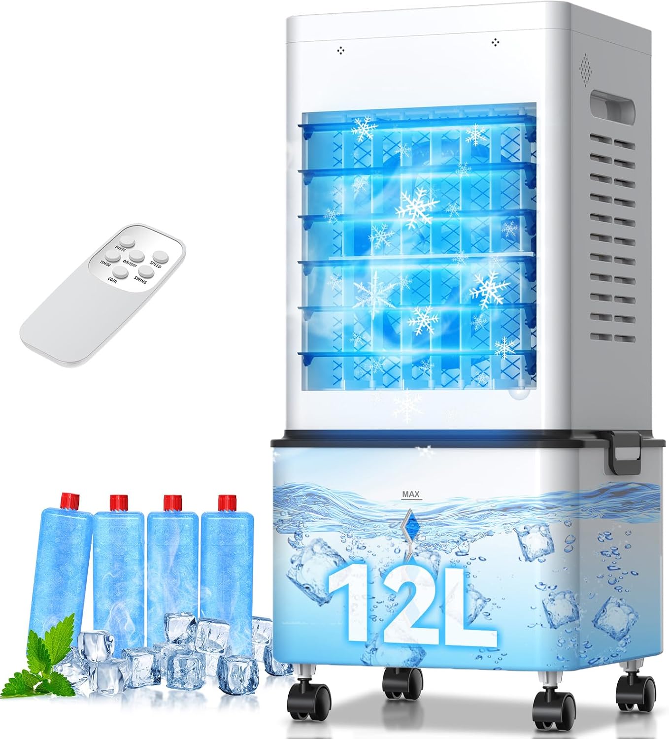 Climatiseur Mobile Silencieux 12L, Refroidisseur d'air Climatiseurs Portables Économie d'énergie Ventilateur Humidificateur, 6 Vitesses, Télécommande, 24H Minuterie, pour Maison Bureau Chambre (Blanc)