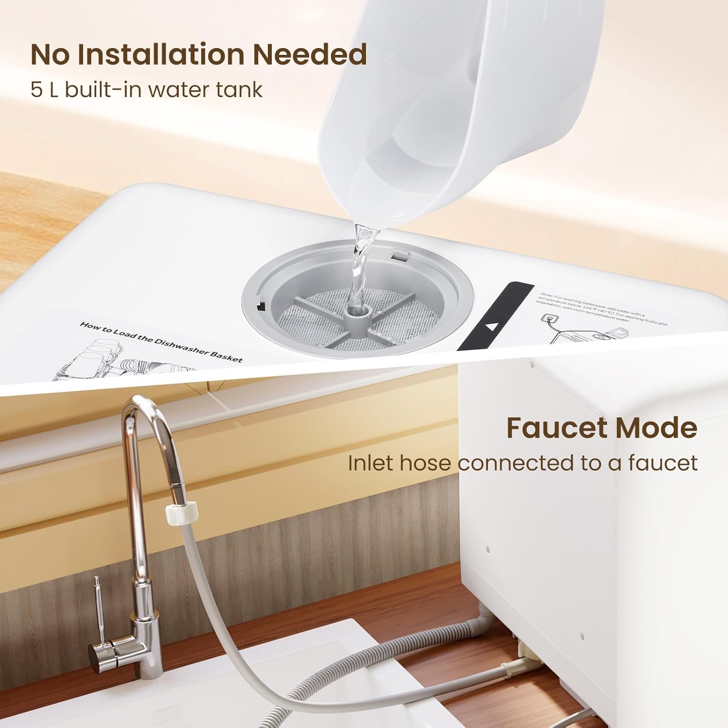 HAVA mini lave-vaisselle portable, 6 programmes avec réservoir d’eau intégré 5 L, sans branchement, fonction soin bébé et séchage à l’air, pour appartements et camping-cars