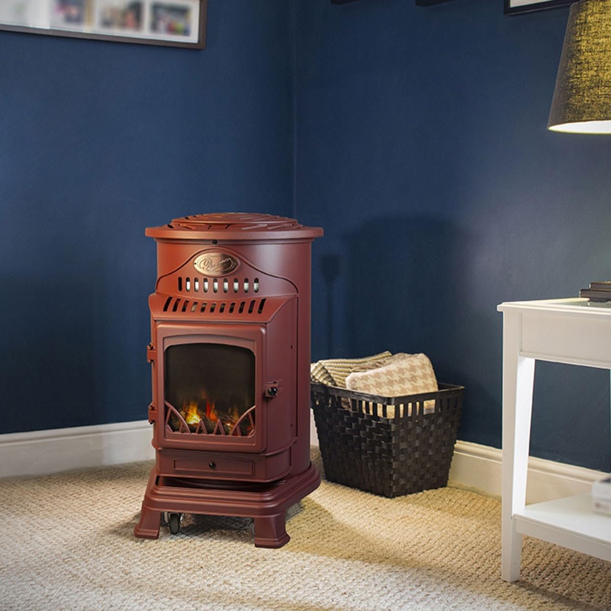 Universal poêle à gaz Provence 3,4 kW rouge, effet poêle à bois en fonte véritable, chauffage d’appoint avec tuyau gaz et détendeur