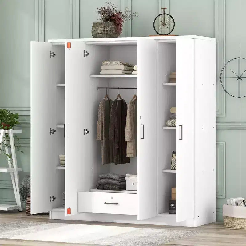Whisen Wood 4-Door Wardrobe Armoire with Hanging Rod, 1-Drawer and Storage Shelves