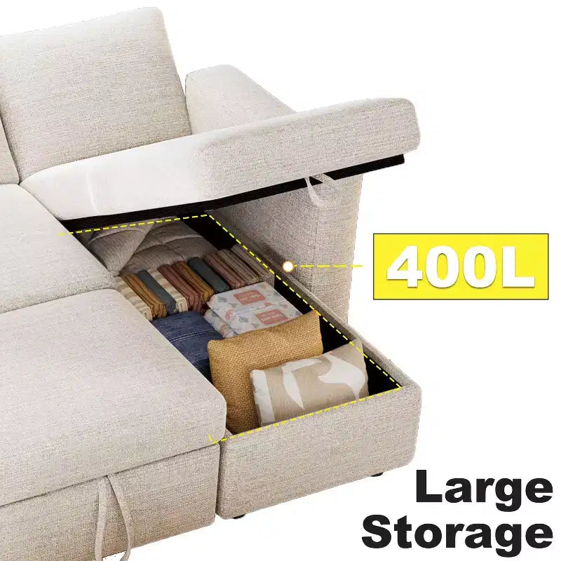 Dyonery 81 Sectional Sleeper Sofa, L-Shaped Pull Out Couch with Reversible Storage Chaise, USB, Reclining Backrest