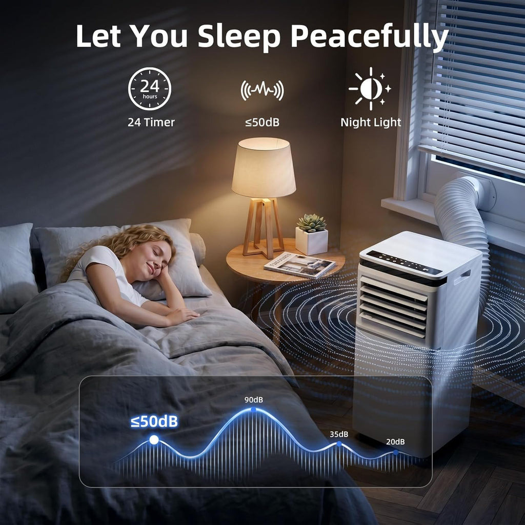 Climatiseur portable 8000 BTU, télécommande, mode ventilateur, refroidit 350 m², minuterie 24 heures, fonctionnement silencieux, fenêtre, 2 vitesses de ventilateur pour chambre à coucher, bureau