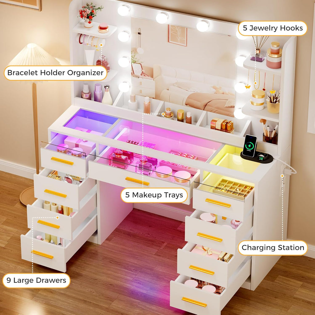 ANWBROAD coiffeuse blanche avec miroir et éclairage LED 3 couleurs, plateau en verre, 9 tiroirs RGB, 4 étagères, prise intégrée