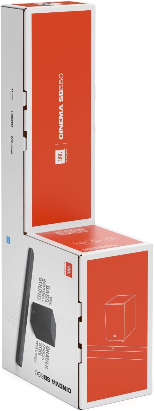 Cinema SB 550, Barre de son 3.1 canaux avec caisson de basses sans fil, connexion HDMI ARC, Dolby Audio, musique sans fil en streaming, Bluetooth intégré, design compact, 250 W, en noir