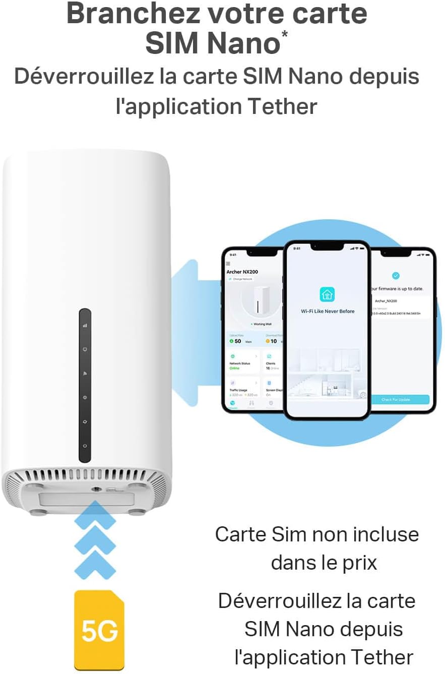 TP-Link Routeur 5G, Routeur WiFi 6 AX1800Mbps, 3 Ports Gigabit, Bi-Bande MU-Mimo, EasyMesh, Connecte Jusqu’à 64 Appareils, Plug-and-Play, Compatible Toutes Les Cartes SIM des opérateurs, Archer NX200