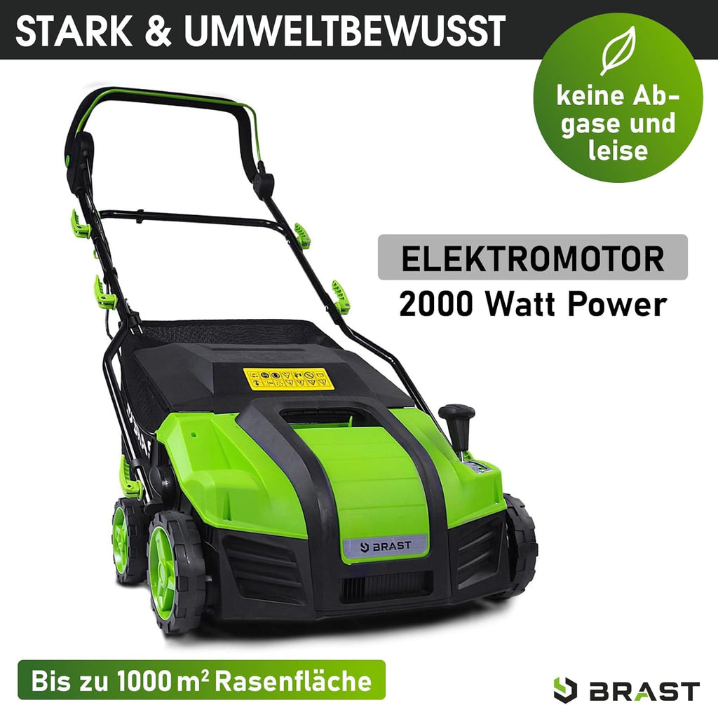 BRAST scarificateur électrique - 1800W largeur de travail 40cm, 2en1 rouleau scarificateur et aérateur, bac 55l - 3 MODÈLES diff. puissances - confortable à manier - scarificateur gazon électrique