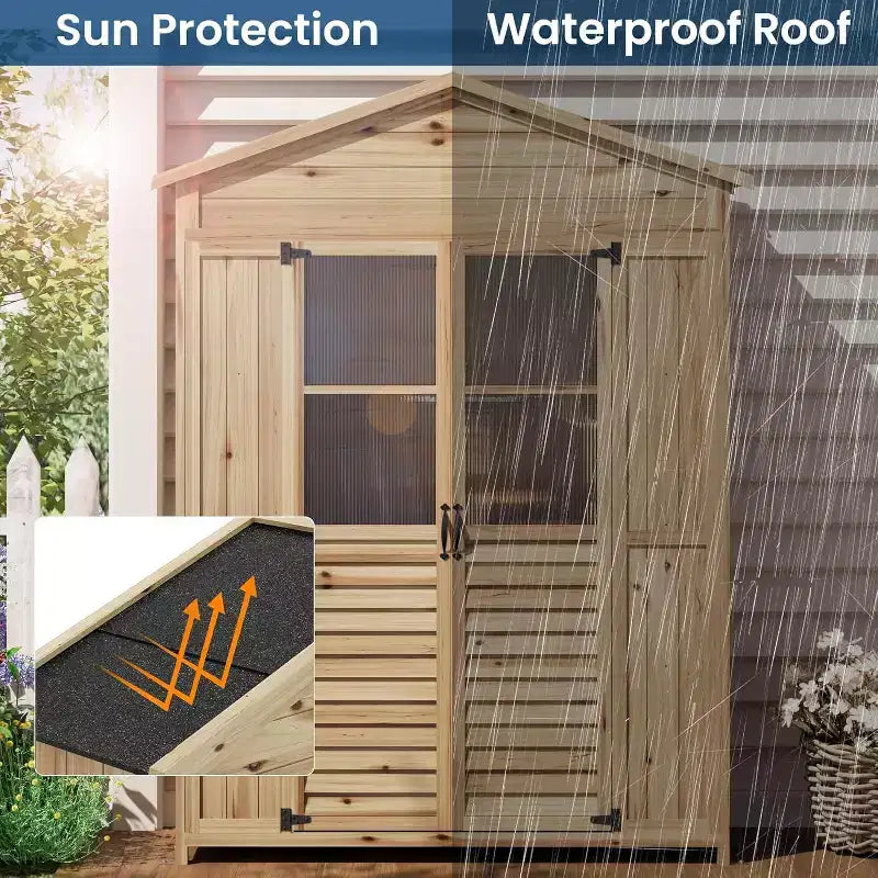 Weather-Resistant Wooden Patio Cabinet  Fir Wood with Waterproof Roof, 6 Adjustable Shelves, Stakes & Anti-Falling Kits  Ideal for Garden Tools