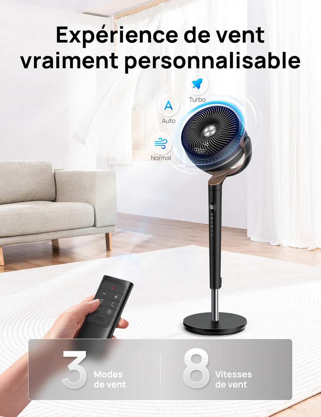 DREO ventilateur sur pied silencieux 20 dB avec oscillation omnidirectionnelle 120°+120°, portée du vent 26 m, débit d’air 1615 m³/h, circulateur Turbo, hauteur réglable 94–107 cm, 3 modes, 8 vitesses
