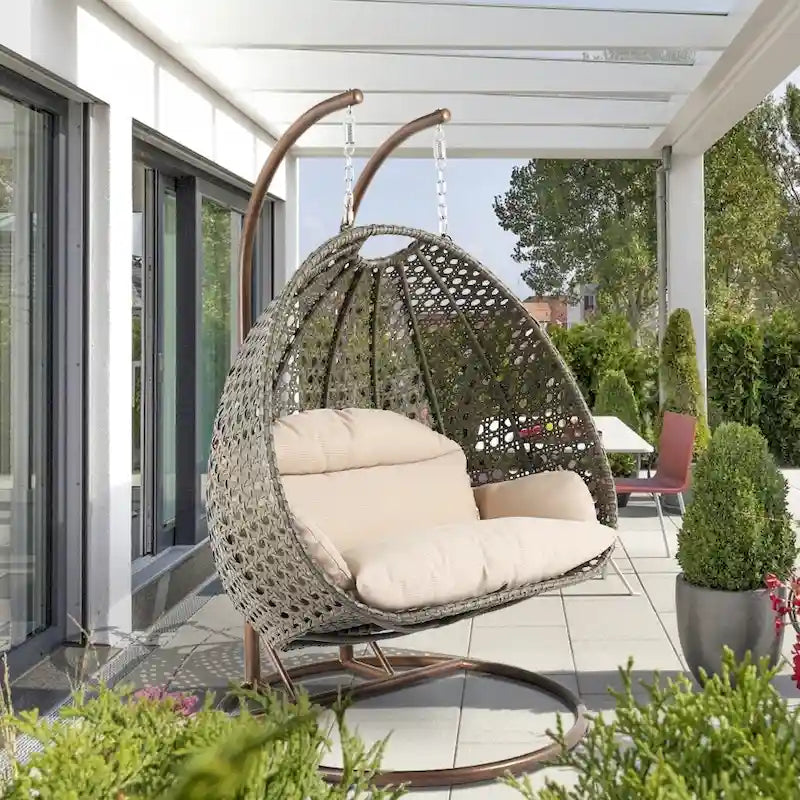 Egg-Shaped Hanging Swing Chair with Metal Stand, Wicker Frame & Cushion �C Beige / Charcoal Blue / White / Blue / Antique White / Brown / Canvas, Seats 2