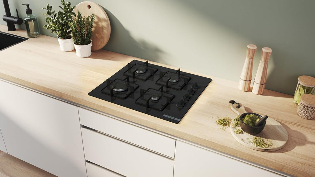 Bosch POP6B6K30, Série 2, Plaque gaz, 4 feux, 60 cm, Verre trempé noir