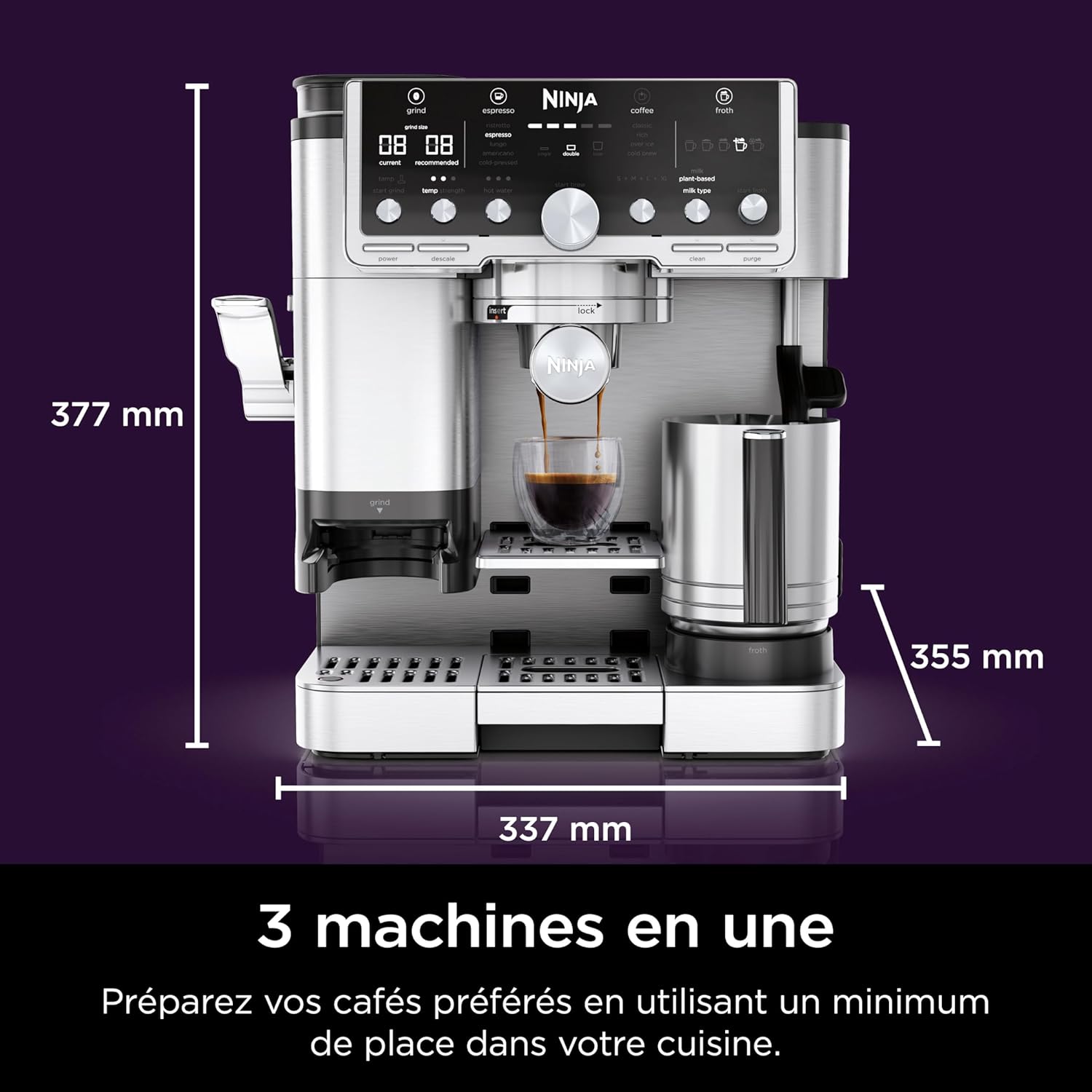 NINJA Machine à café Luxe Essential 2-en-1, Latte, Cappuccino et Espresso avec broyeur à grains et mousseur à lait intégrés, facile à utiliser, 2 préréglages mousse, argent, ES501EU