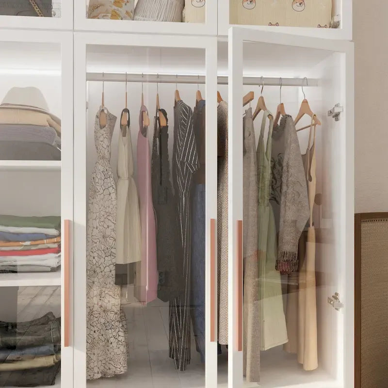 47.2 Wide Armoire LED Light All Glass Door Closet Cabinet Wardrobe