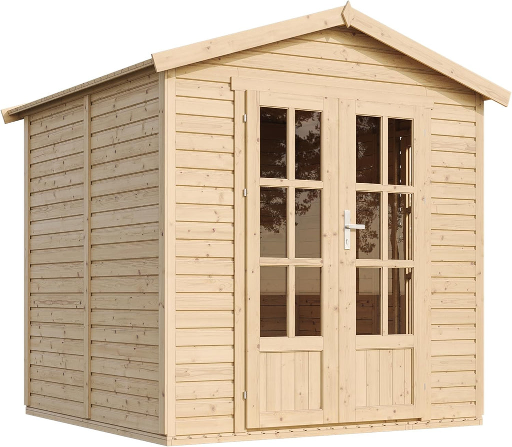 TIMBELA M351FB Cabane en Bois avec Plancher et Bardeaux Bitumineux Rouges, L233xP222xH233 cm – Abri Multifonctionnel, Bureau, Atelier, Studio Jardin