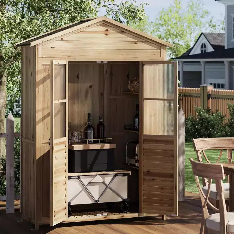 Weather-Resistant Wooden Patio Cabinet  Fir Wood with Waterproof Roof, 6 Adjustable Shelves, Stakes & Anti-Falling Kits  Ideal for Garden Tools