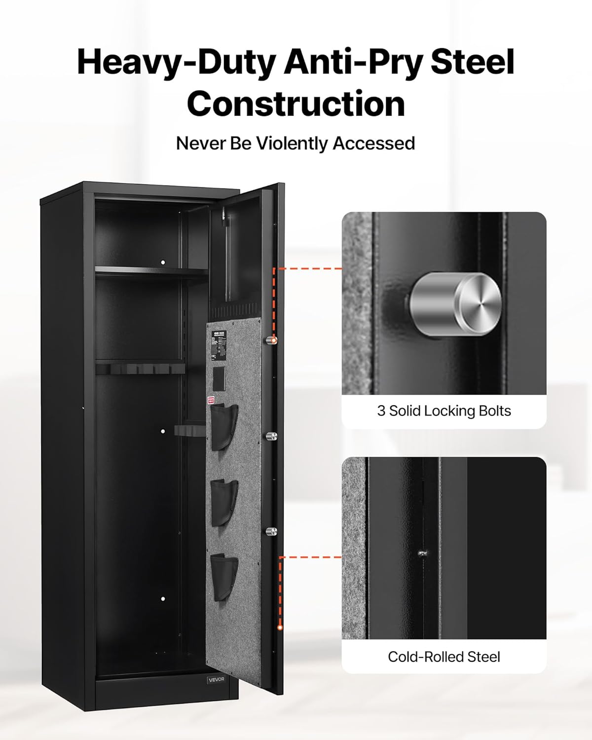 VEVOR Armoire à 8-10 Fusils, Coffre-Fort pour Armes à Feu Verrouillage par Empreinte Digitale et Mot de Passe et Clés, avec 3 Poches pour Pistolets et Supports Réglables, Accès Rapide, pour Domicile