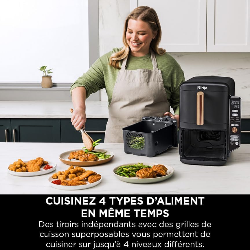 NINJA Double Stack XL Air Fryer 2 Compartiments Verticale, Compact, 4 Niveaux de Cuisson, Capacité de 9,5L, Air Fryer 6-en 1, Pièces Antiadhésives Amovibles Lavables Au Lave-Vaisselle, Noir/Cuivre