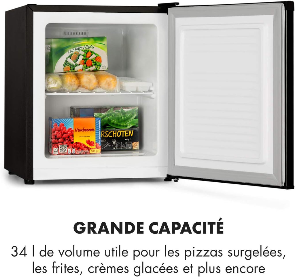 KLARSTEIN Garfield Eco - Congélateur petite taille, 34L, 4 étoiles, 117 kWh/an, 2 niveaux, 41 dB, Tablette amovible, Autonome, Environ 44 x 52 x 47 cm (LxHxP) - Noir