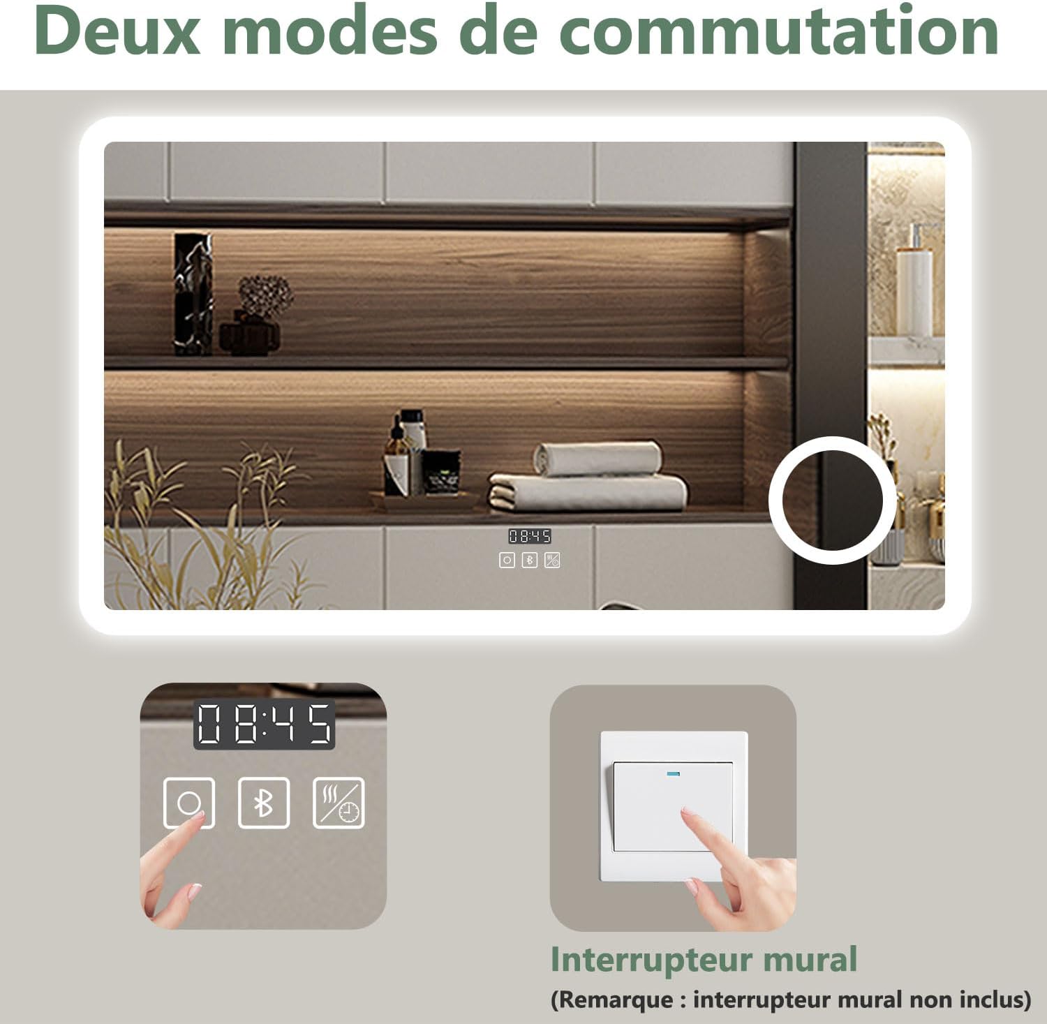 AICA Miroir Salle de Bain rectangulaire 120 x 70cm, Bluetooth + 3 Couleurs + dimmable + grossissant + Horloge + Anti-buée + mémoire, Miroir Lumineux