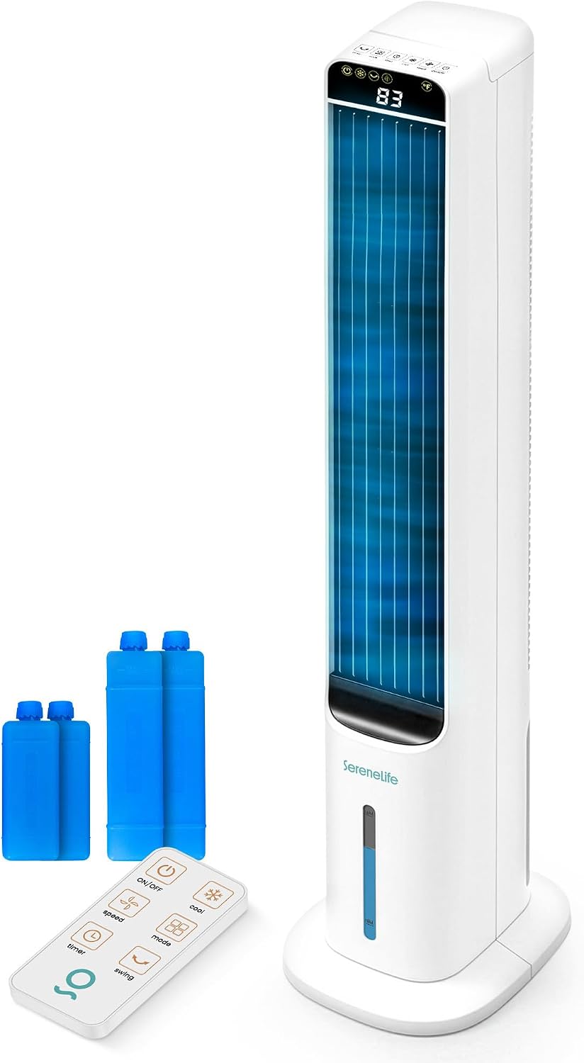 SereneLife Rafraîchisseur d'Air Évaporatif 5 L avec Télécommande, Ventilateur Colonne Oscillant Silencieux, 3 Vitesses, 4 Blocs Réfrigérants, Pour Chambre, Salon et Bureau