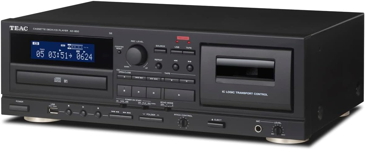 Teac AD-850-SE Lecteur CD et Lecteur Cassette avec Enregistrement et Lecture USB (entrée Microphone, Effet écho, karaoké, Conversion numérique-analogique) Noir