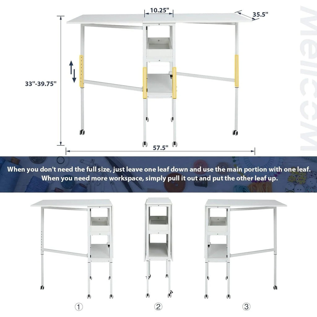 Height Adjustable Craft Table with Storage Shelves, Mobile Folding Cutting Table for Home Office Sewing Room Craft Room