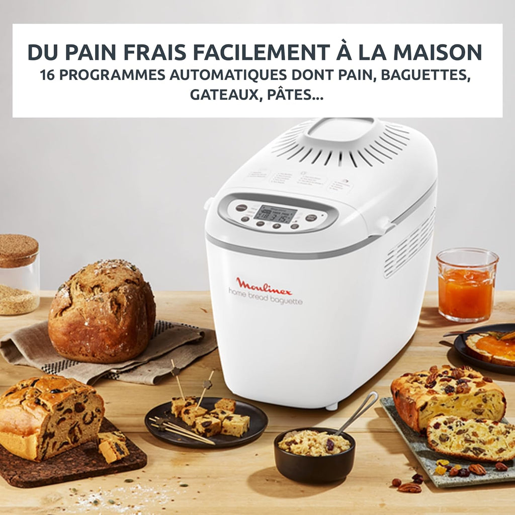 Moulinex Home Bread Baguette Machine à petits pains, 16 programmes, Résultats homogènes, Jusqu'à 1,5 kg de pain frais, Plaques croustillants, 3 niveaux de dorage OW610110, Blanc
