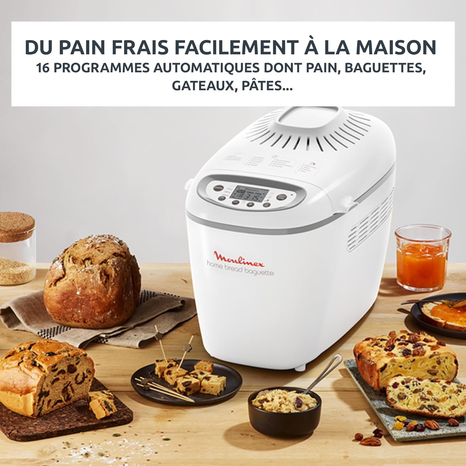 Moulinex Home Bread Baguette Machine à petits pains, 16 programmes, Résultats homogènes, Jusqu'à 1,5 kg de pain frais, Plaques croustillants, 3 niveaux de dorage OW610110, Blanc