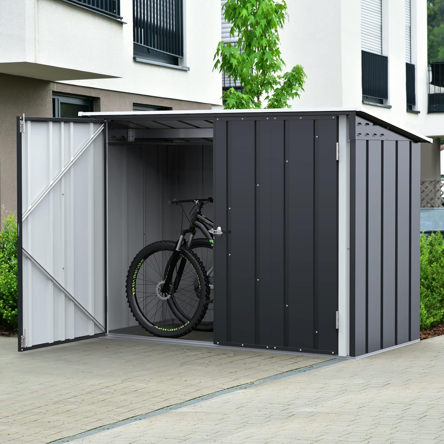 Duramax Abri à vélos pour 2 vélos avec portes doubles verrouillables entièrement larges, abri de stockage en métal, abri de jardin pour vélos, stockage de vélos, 203 x 101 x 146 cm, anthracite