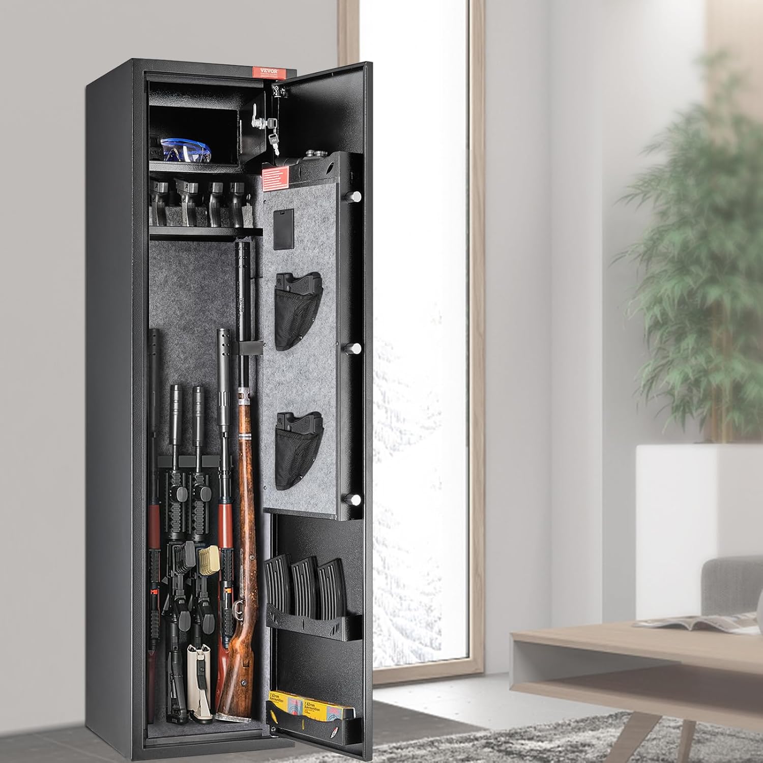 VEVOR Armoire à 5 fusils, coffre-fort pour fusils avec serrure et clavier numérique, rangement pour fusils avec casier de rangement intégré, étagère amovible pour arme longue et pistolet domestiques