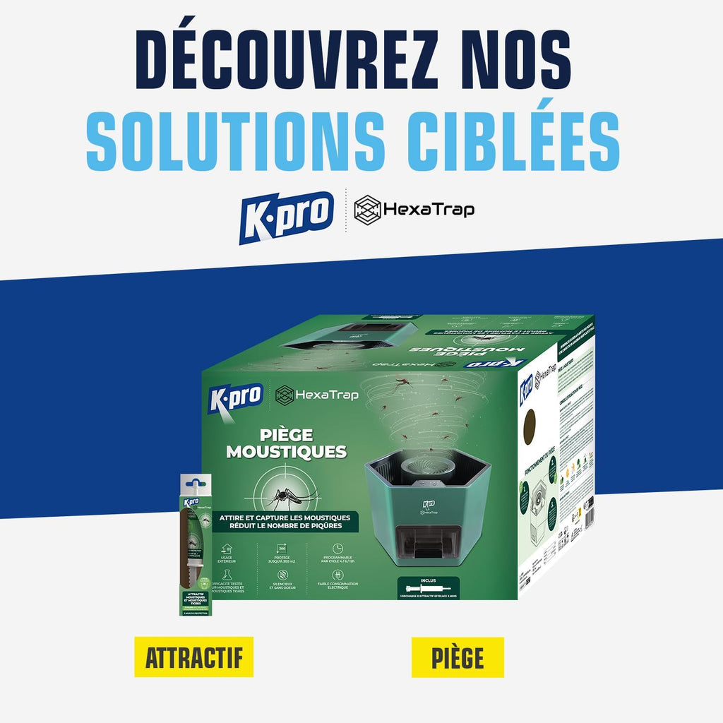 K.PRO Piège à Moustiques Exterieur avec 1 seringue d'attractif. Attire et Capture Les moustiques et Assure 3 Mois de tranquillité jusqu'à 300m². Electrique et Programmable, Silencieux et sans Odeur