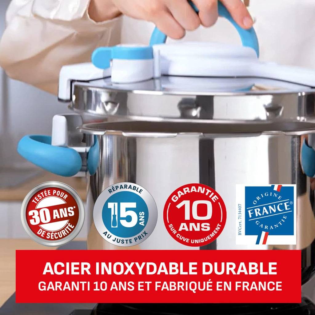 SEB ClipsoMinut'Easy + bleu 7,5L poignées rabattablesCocotte-minute®InductionLivre de 100 recettes Autocuiseur Inox Fabriqué en France Facile à utiliser P4904816